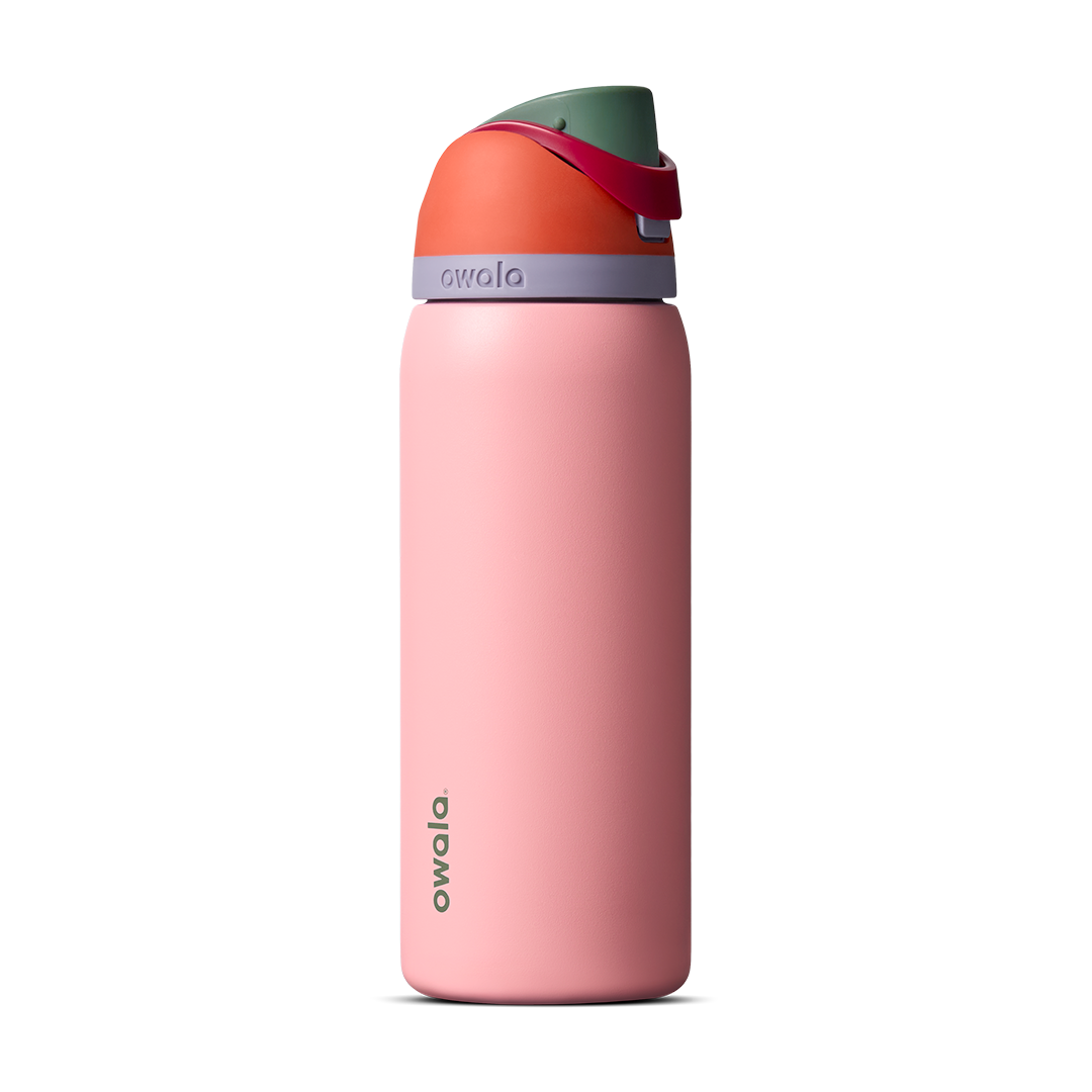 FreeSip 32oz in Sugar High, coral pink insulated bottle with rust orange flip cap and forest green accent band