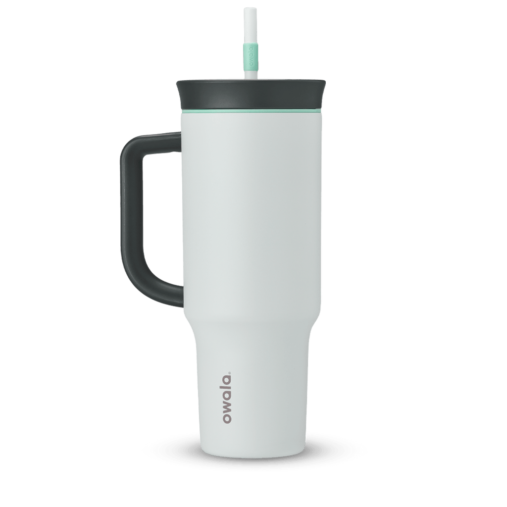 40oz Tumbler in Cloudscape, soft white insulated tumbler with charcoal handle and dark charcoal lid with mint green accent ring, and white straw with mint green grip