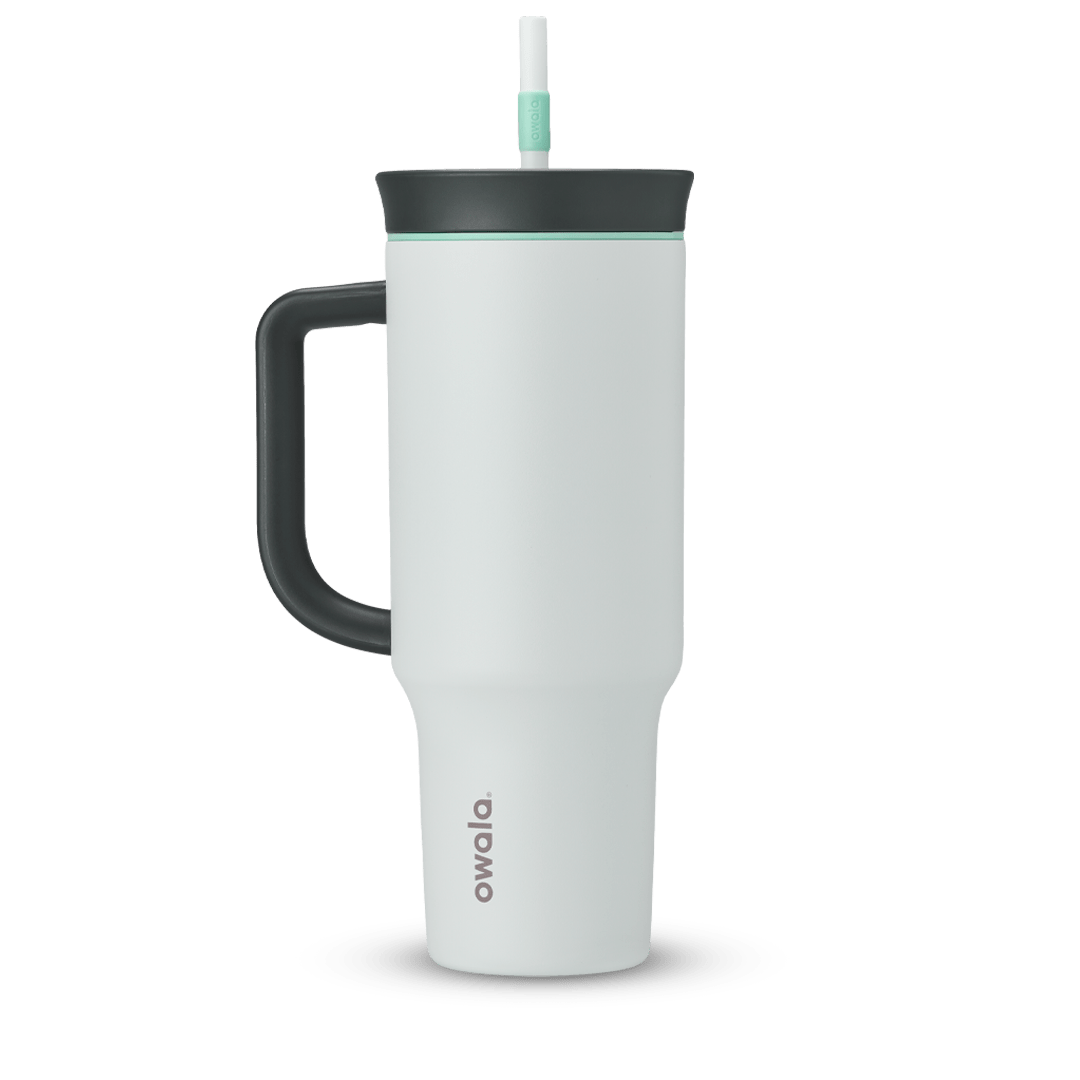 40oz Tumbler in Cloudscape, soft white insulated tumbler with charcoal handle and dark charcoal lid with mint green accent ring, and white straw with mint green grip