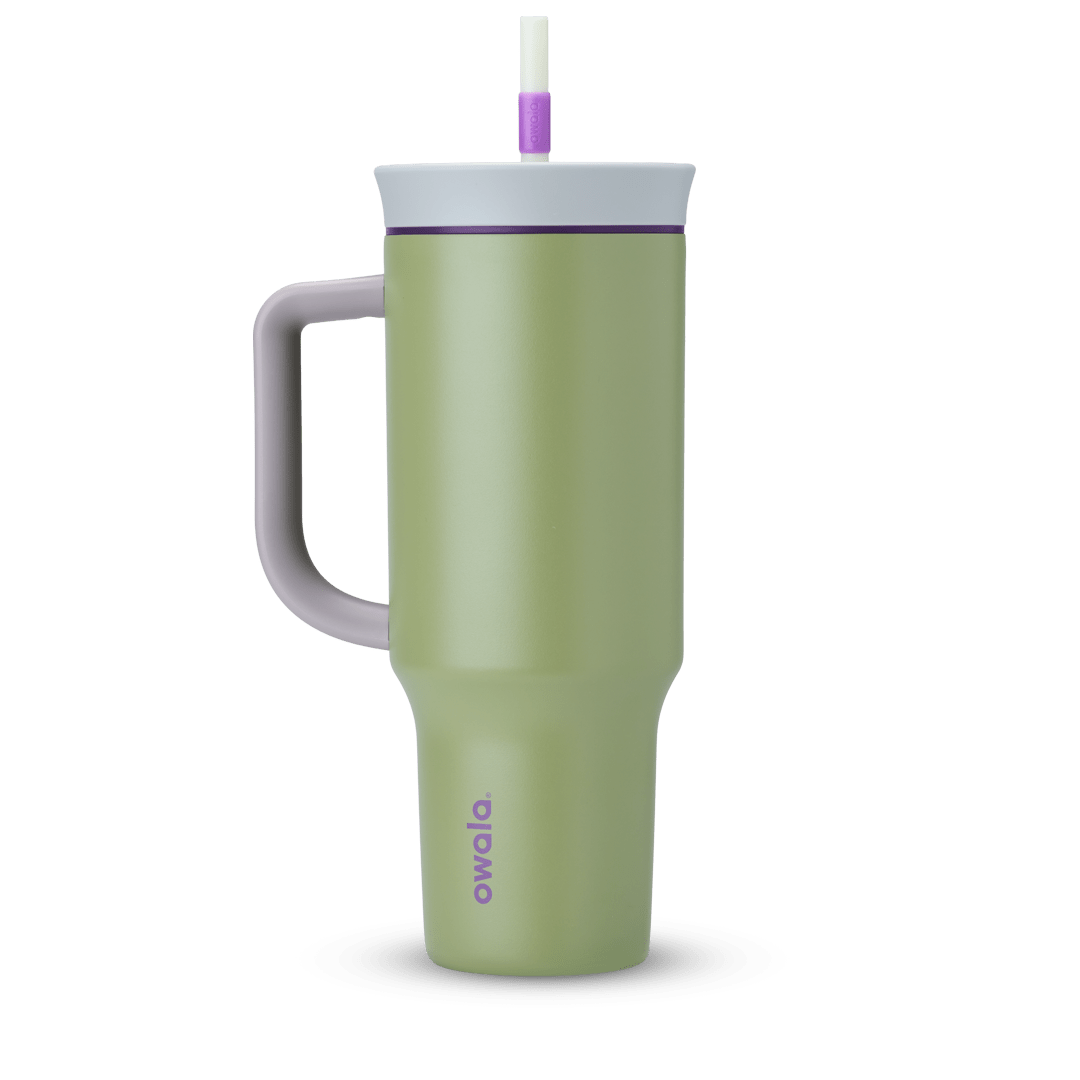 40oz Tumbler in Hip Cactus, sage olive green insulated tumbler with grey handle, pale grey lid with deep purple accent ring, and white straw with purple grip