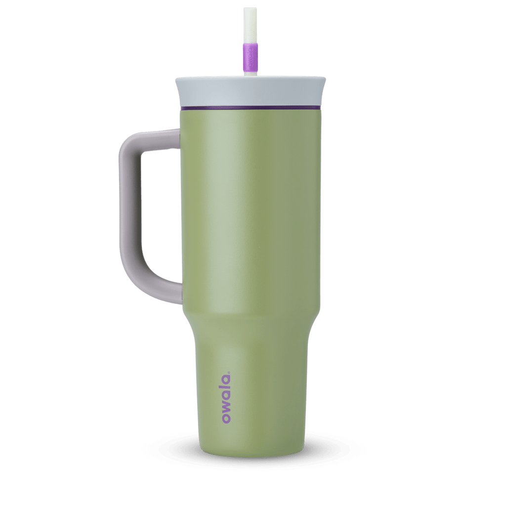 40oz Tumbler in Hip Cactus, sage olive green insulated tumbler with grey handle, pale grey lid with deep purple accent ring, and white straw with purple grip