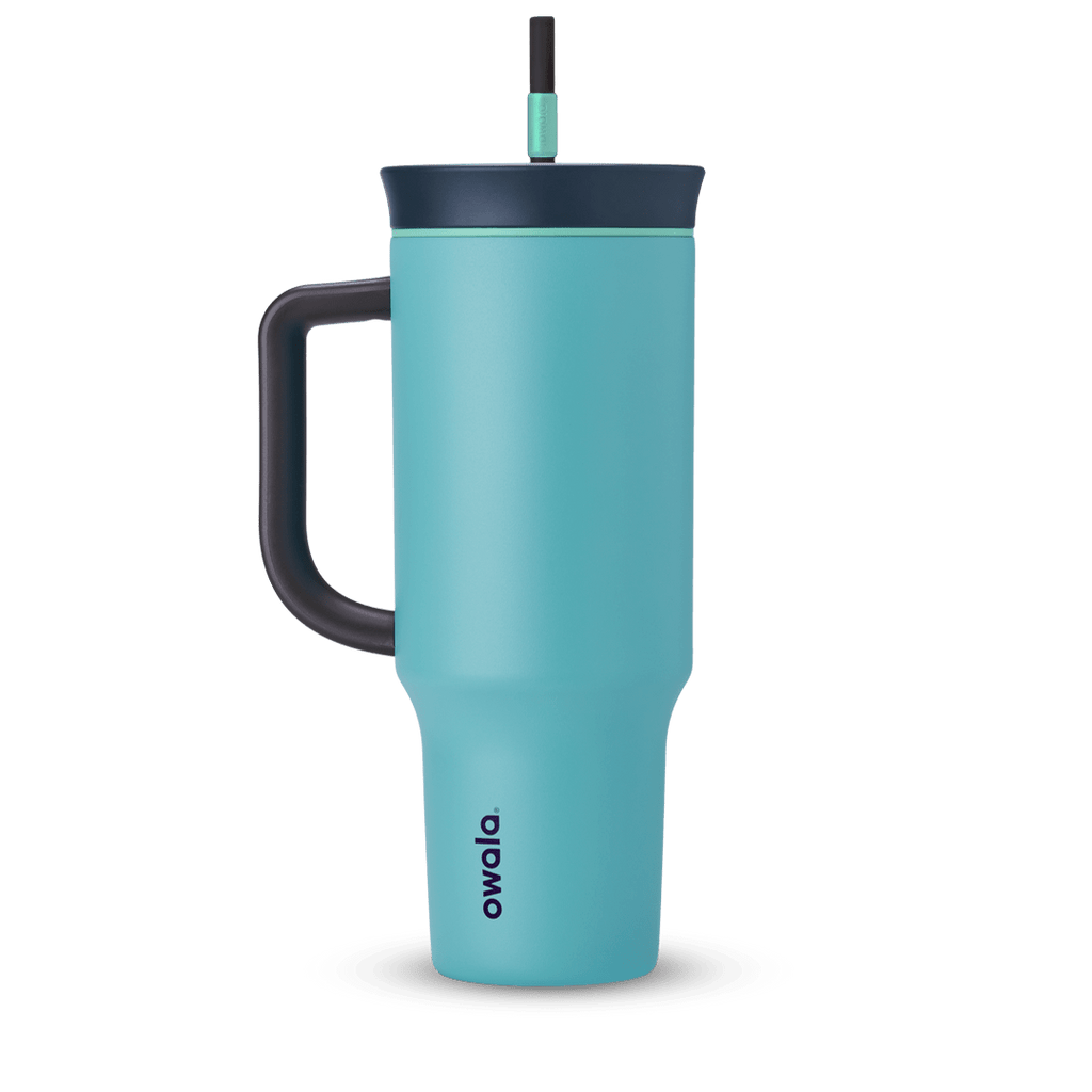 40oz Tumbler in Splash Zone, bright teal insulated tumbler with charcoal handle, deep navy lid, and dark grey straw with mint green grip