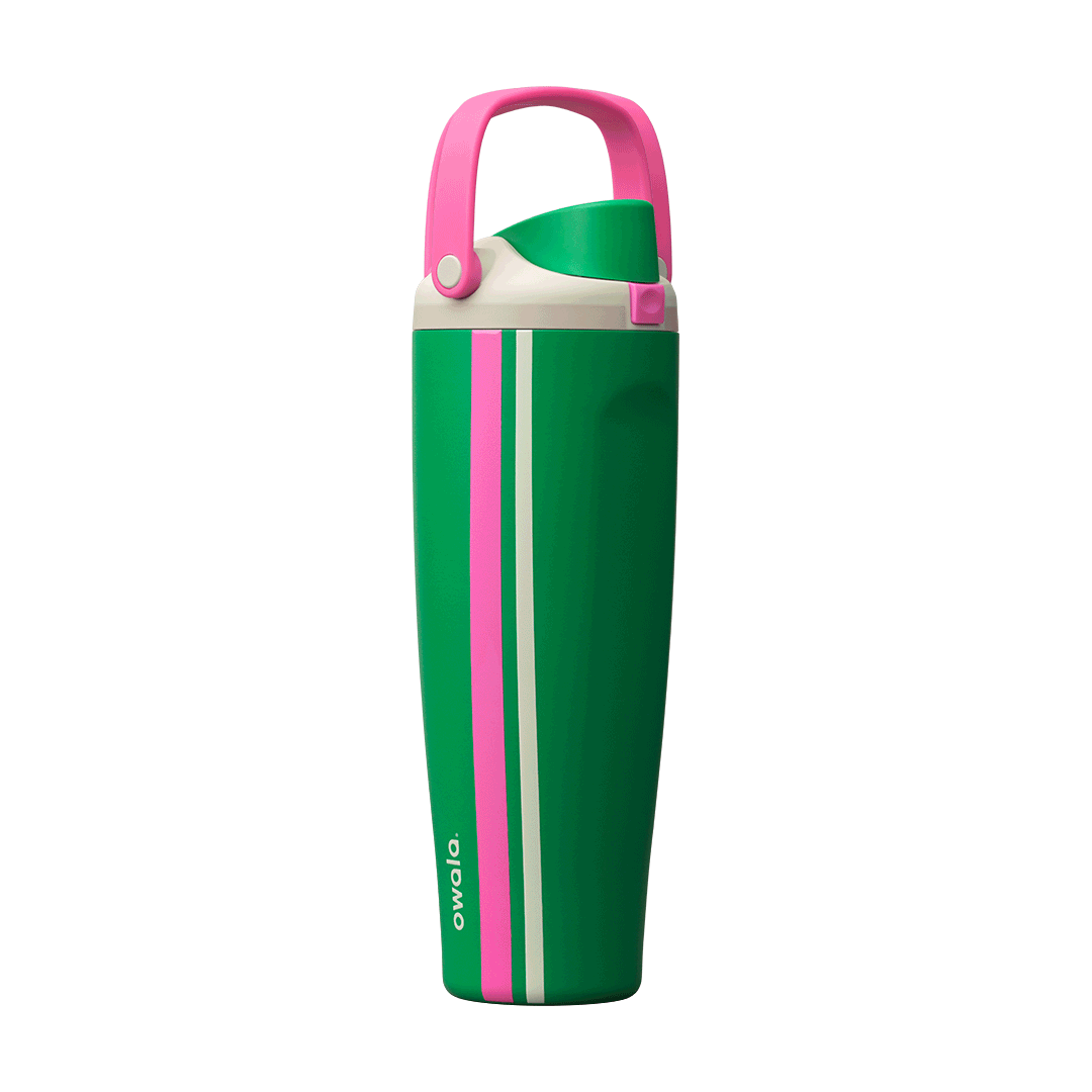 Owala Birthday Bash 40oz FreeSip Sway Vacation Mode; bold kelly green body with vertical white and pink racing stripes, bright pink flip cap and pink carry loop