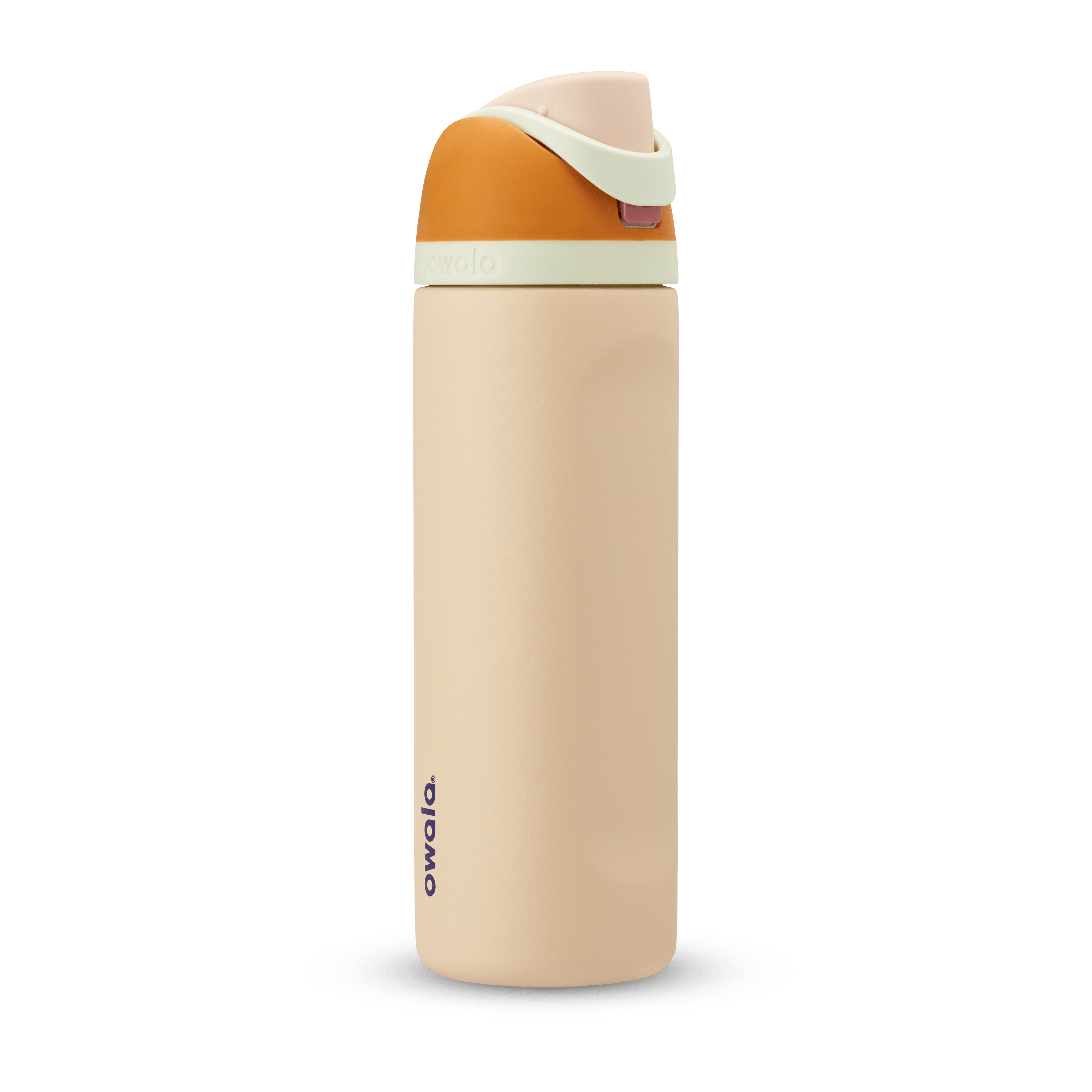 FreeSip 24oz water bottle, warm sandy peach body with golden orange and pale mint color-block flip cap