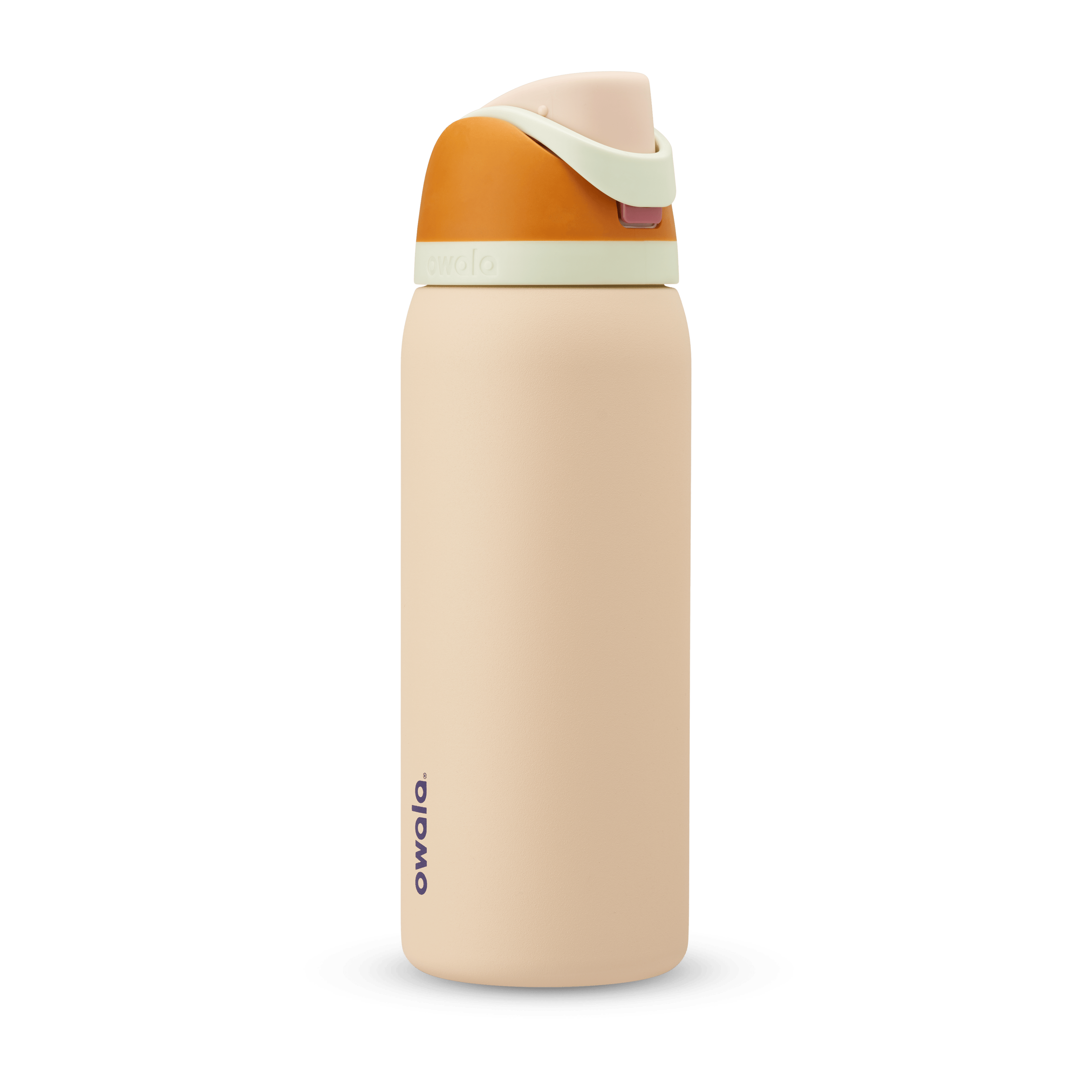 FreeSip 32oz in Water in the Desert, sand tan body with orange flip cap, mint green carry loop, and tan lid