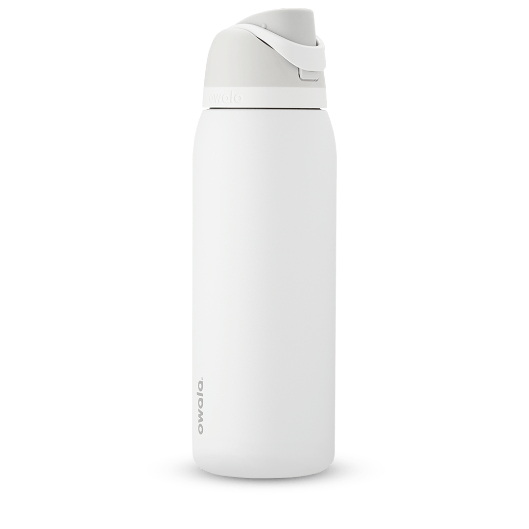 FreeSip 40oz water bottle, bright white body with white flip cap and carry loop