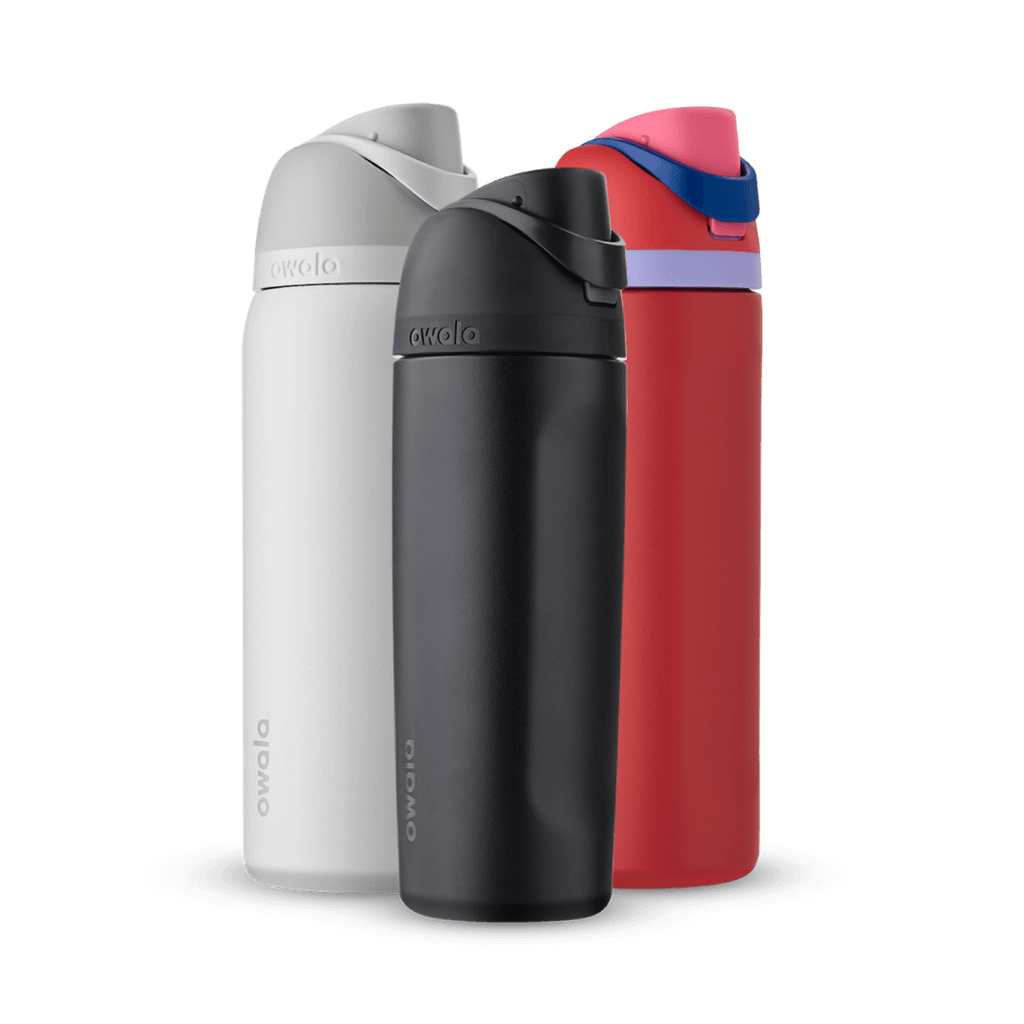 Three FreeSip bottles in white, black, and red