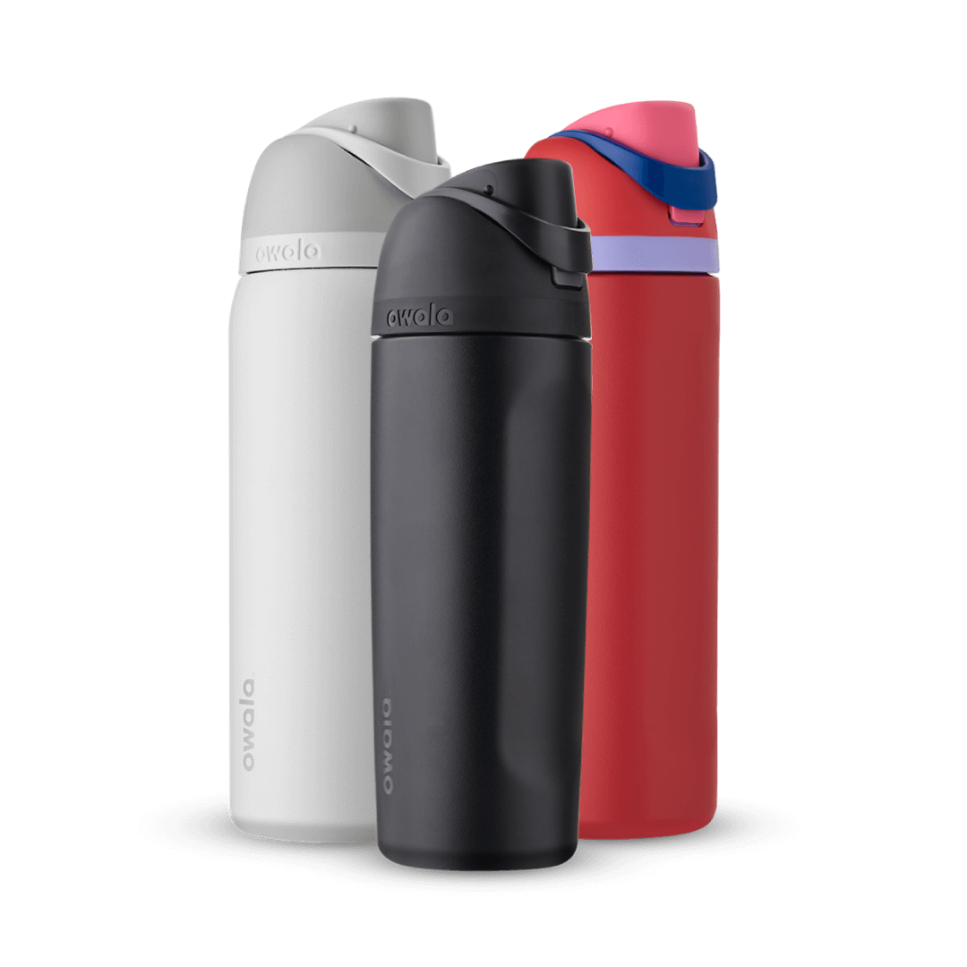 Three FreeSip bottles in white, black, and red