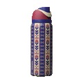 FreeSip 32oz Holiday Hygge; rotating view of cream and navy blue striped body with vertical floral motifs of red tulips and navy bows in a folk-art pattern, dusty rose flip cap, cream carry loop, and navy blue lid