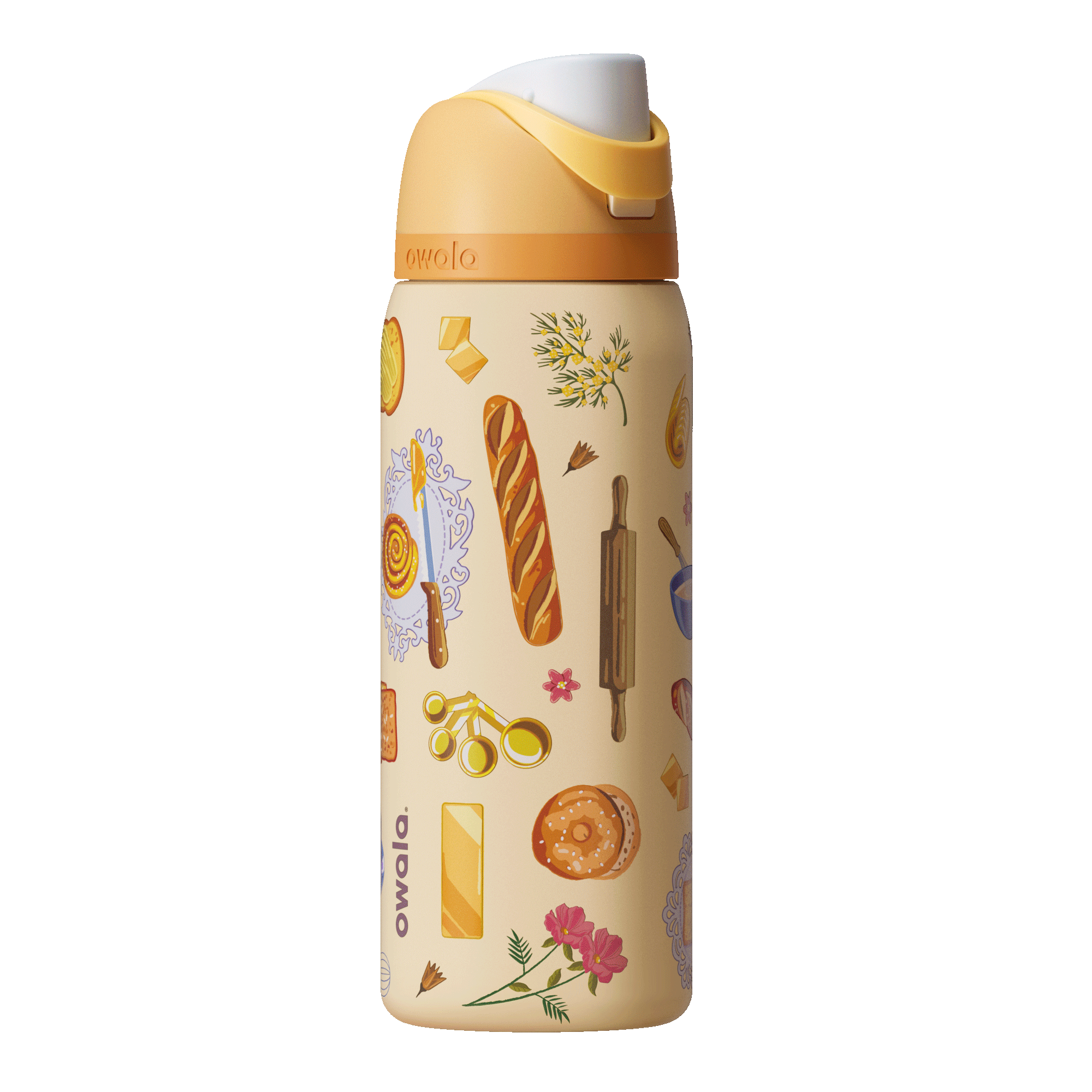 FreeSip 32oz Brunch Bunch; rotating view of warm cream body covered in illustrated brunch food graphics including baguettes, pastries, croissants, eggs, rolling pins, and floral sprigs, with golden yellow flip cap, cream carry loop, and orange lid accent band