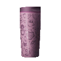 SmoothSip 16oz Morning Rush; rotating view of dusty mauve pink body covered in tonal line-art illustrations of coffee cups, espresso, lattes, beans, and morning motifs, with matching dusty pink lid