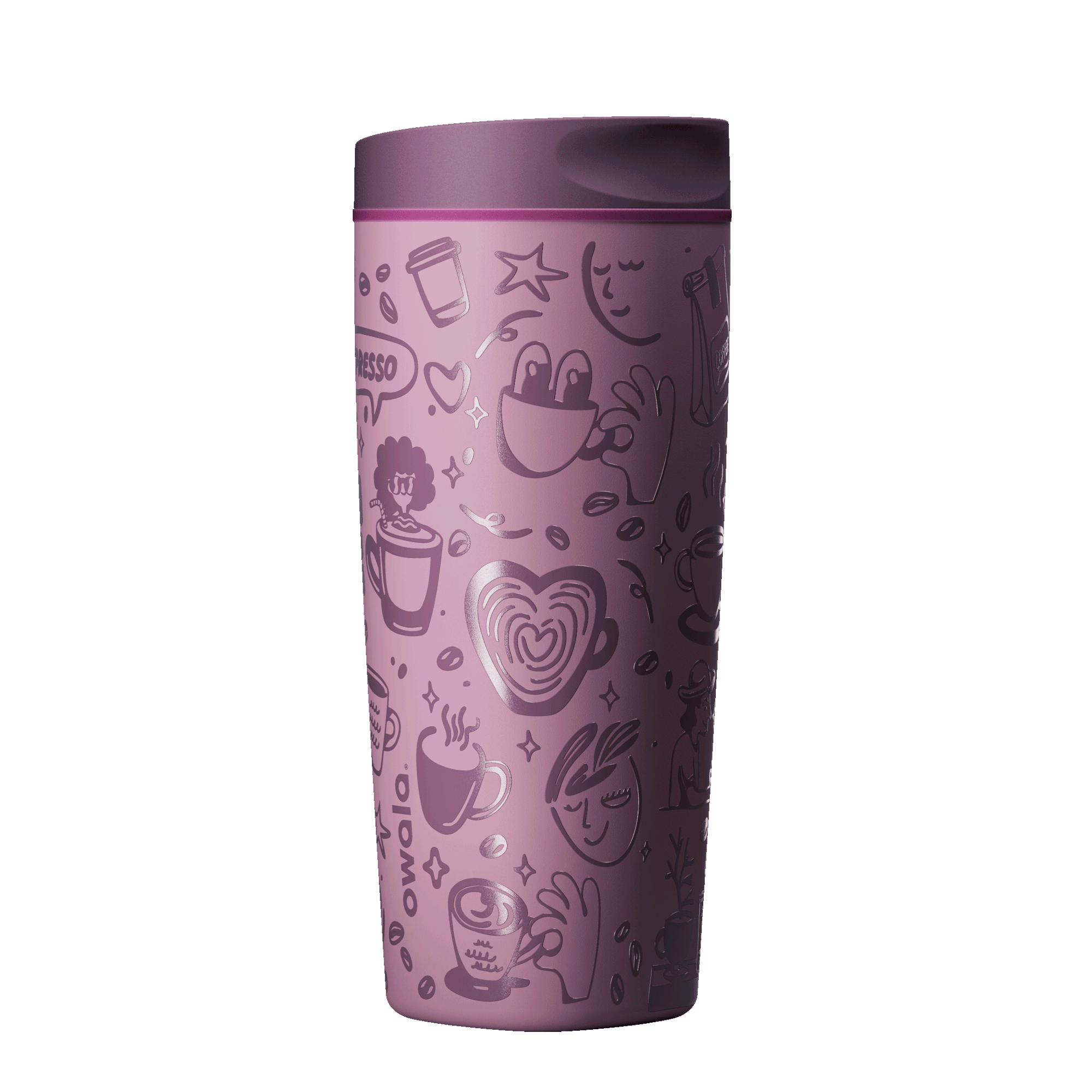 SmoothSip 16oz Morning Rush; rotating view of dusty mauve pink body covered in tonal line-art illustrations of coffee cups, espresso, lattes, beans, and morning motifs, with matching dusty pink lid
