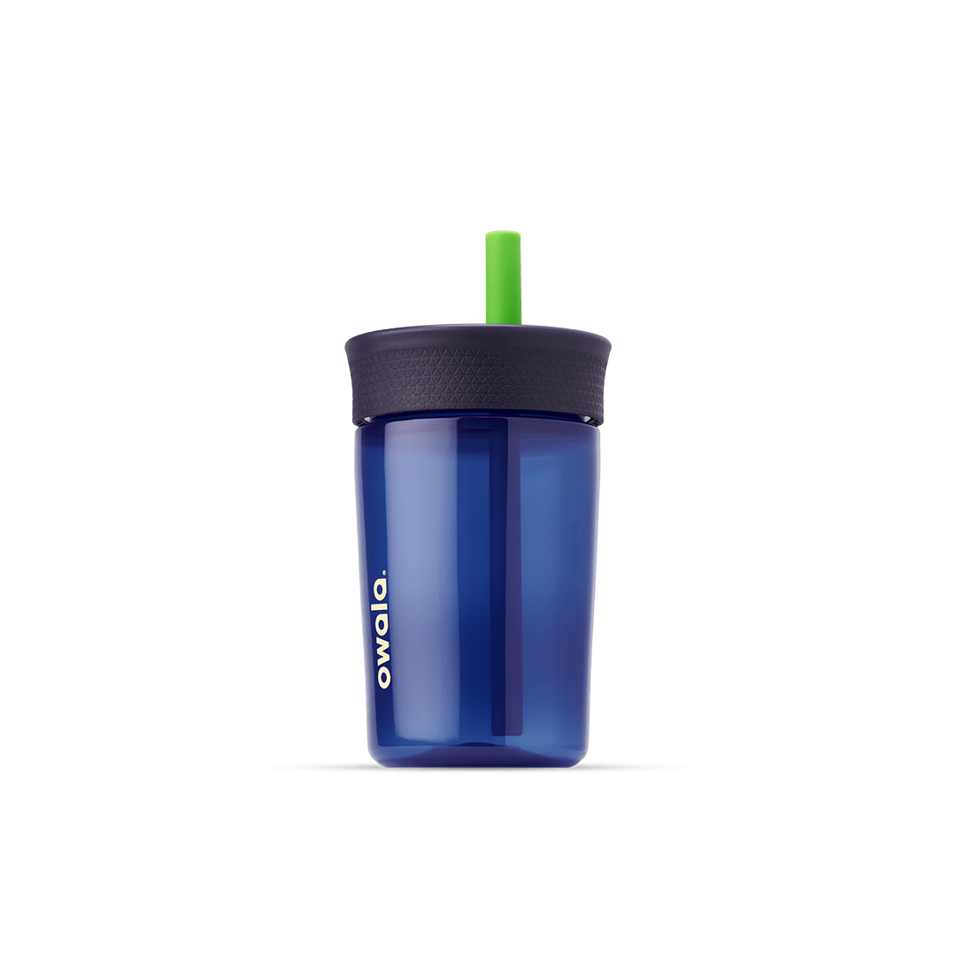 Kids' Tumbler 15oz in Home Base; translucent navy blue plastic body with dark navy lid and bright green straw, white Owala logo on front