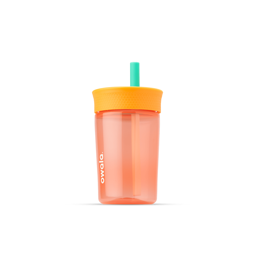 Kids' Tumbler 15oz in Just Peachy; translucent peach orange plastic body with bright orange lid and mint green straw, white Owala logo on front