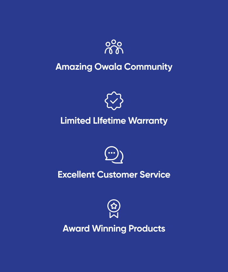 Owala trust and features banner: Award Winning Products, Limited Lifetime Warranty, Amazing Owala Community, and Excellent Customer Service icons with labels