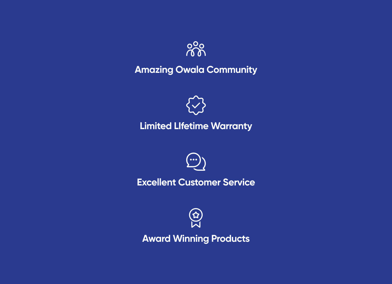 Owala trust and features banner: Award Winning Products, Limited Lifetime Warranty, Amazing Owala Community, and Excellent Customer Service icons with labels
